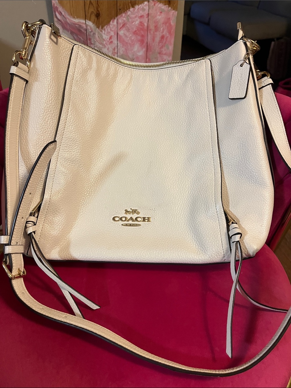 Coach Pebble Leather Marlon Shoulder Bag in White/Cream with Gold Hardware